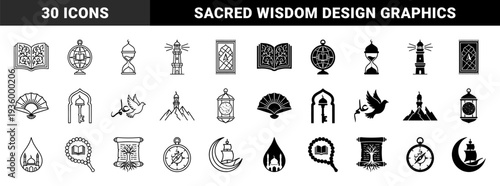 Islamic heritage and spiritual wisdom symbols featuring hybrid designs of mosque lanterns with constellations and prayer rugs with compass needles in dual outline and solid styles