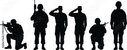 Military Soldiers Silhouette Set, Armed Forces Veterans Saluting and Guarding, Patriotic Army Troops in Action for Memorial Day and National Defense
