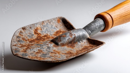 Detailed close-up of vintage metal shovel with corrosion patterns, isolated on neutral background, great for rustic decor or tool collections 