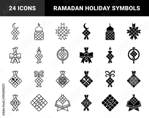 Traditional ketupat diamond rice cake symbols merged with ramadan crescent moon mosque dome prayer beads and quran for islamic holiday celebration