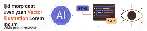 Artificial intelligence, web development, programming, data visualization, machine learning, creative design. AI symbol with code snippets and an eye. Artificial intelligence and web development