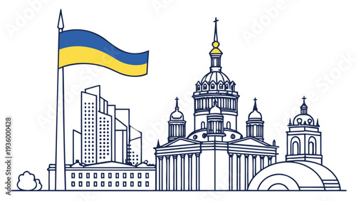 Ukraine Kyiv city skyline silhouette with flag