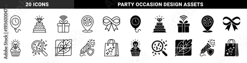 Hybrid celebration line and glyph symbols featuring a clock balloon birthday cake diamond gift wifi signal and cupcake lightbulb combination