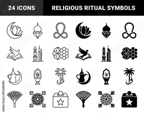Islamic culture hybrid symbol collection featuring moon lotus mosque diamond bird book prayer bead palm tree coffee pot incense burner and geometric mandala patterns