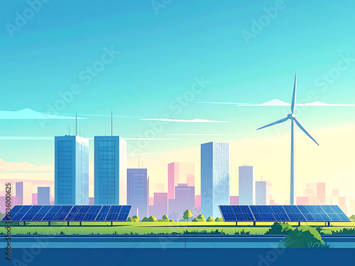 Radical Minimal Sustainable Smart City with Solar Panels and Wind Turbine. 