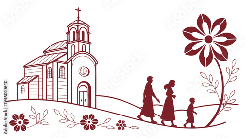 Red silhouette of family walking to church with flowers