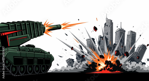Military tank firing powerful explosive shell destroying cityscape buildings graphic illustration