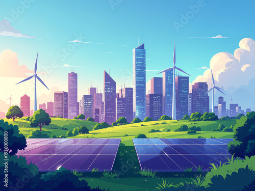 Net Zero Smart City Powered by Renewable Energy. Sustainable Urban Infrastructure Concept. 