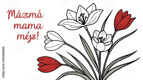 Polish mothers day card with bouquet of tulips and text flowers