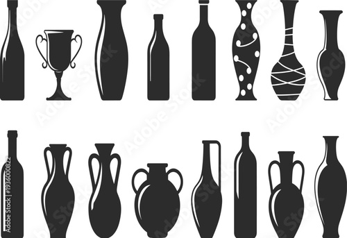 Collection of various bottle and vase silhouettes icons set, ceramic pottery amphora shapes, black vector glass containers for interior design.