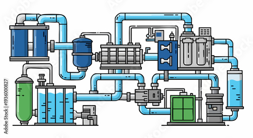 Industrial water purification and filtration system vector graphic illustration