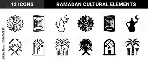 Islamic heritage and Ramadan celebration symbols featuring crescent moon combined with traditional coffee pot mosque dome and prayer rug patterns