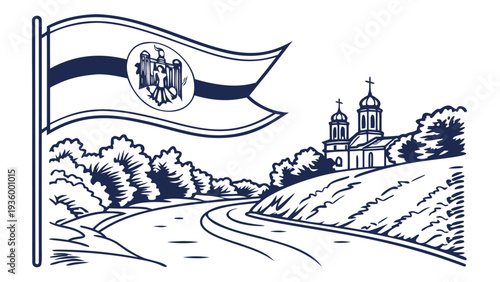 Moldova Dniester River landscape with flag and church