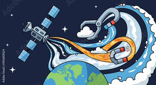 Satellite illustration collecting atmospheric resources above planet earth vector
