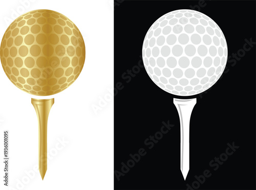 Golf Ball on Tee Gold and White Realistic Vector Illustration Set