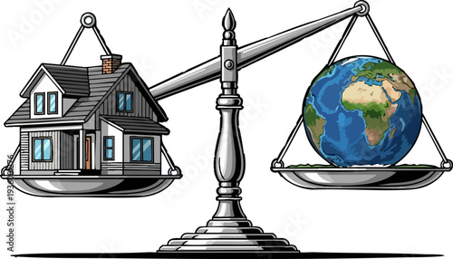Vector illustration balancing global earth against a single house on scales