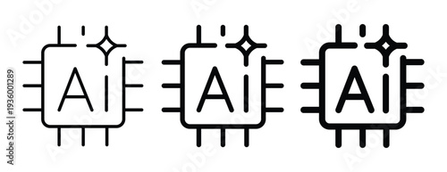 AI Machine Learning Chip Outline Icon Set with different line thicknesses. Artificial Intelligence Microchip with Sparkle. Vector illustration