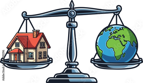 Vector illustration of a house balanced against the Earth on a scale
