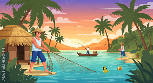 Man fishing with net in tropical water at sunset.