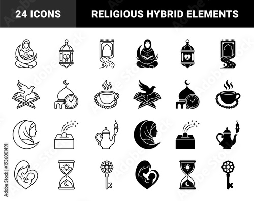 Islamic spiritual hybrid symbols featuring crescent moon combined with woman reading quran lantern prayer rug mosque clock charity box and compass