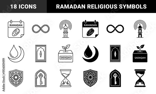 Islamic religious symbols and Ramadan conceptual metaphors featuring crescent moon droplet prayer mat mosque hourglass and charity donation box in line and solid style