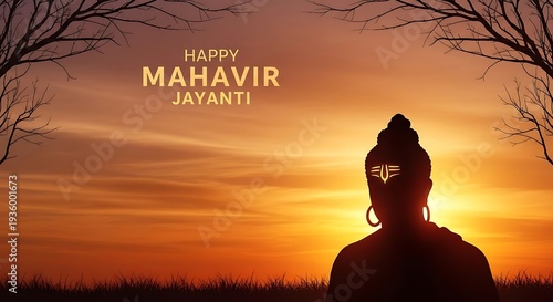 Happy Mahavir Jayanti spiritual silhouette at sunset

