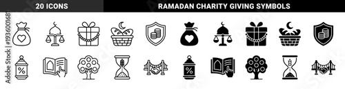 Islamic Finance and Ramadan Charity Icons Featuring Hybrid Symbols of Halal Banking Wealth Management and Religious Giving in Line and Solid Style