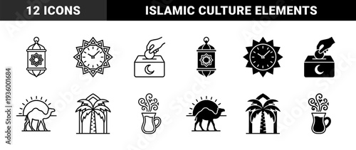 Islamic Ramadan Mubarak cultural elements featuring traditional lantern prayer beads palm tree and camel in dual outline and solid hybrid style