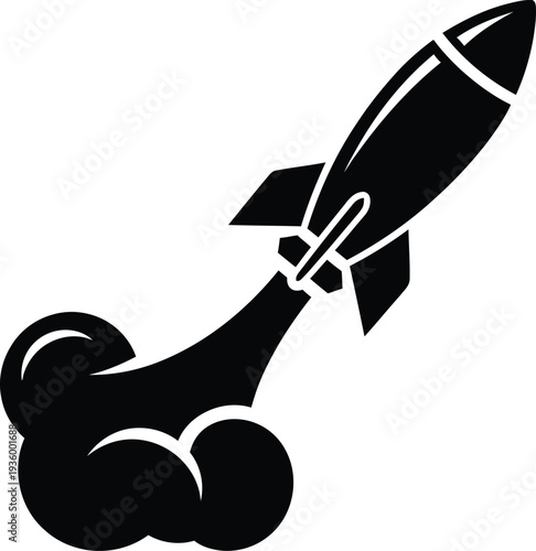 Dynamic silhouette of a launching rocket missile with smoke trail, symbolizing ambition and swift progress