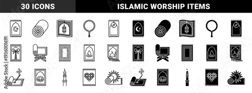 Islamic prayer mat icons featuring hybrid religious symbols including mosque silhouettes crescent moon stars prayer beads and traditional lantern motifs