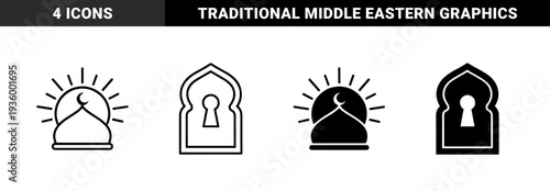 Islamic heritage symbol collection featuring hybrid mosque sun designs arched keyhole doorway motifs and traditional incense burner smoke elements in minimalist line and solid styles