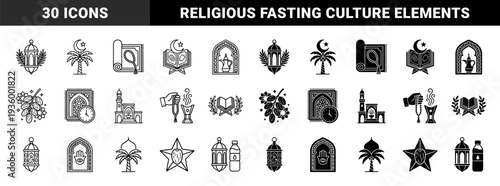 Islamic religious symbols and Ramadan traditions featuring hybrid combinations of prayer rugs with clocks lanterns and date palms in dual line and solid styles