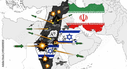 Middle East Conflict Map with Israel and Iran Flags and Missile Attacks Vector