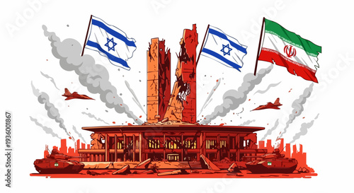 Israel and Iran Conflict Illustration with Destroyed Buildings and Flags