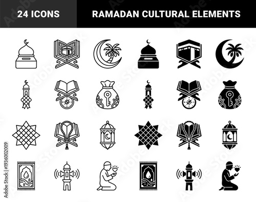 Islamic religious symbols integrated with cultural elements featuring mosque domes kaaba quran book prayer beads and crescent moon in outline and solid styles