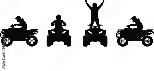 ATV rider silhouette set featuring quad bike driving and standing victory pose isolated on white background, extreme off road sport vector illustration
