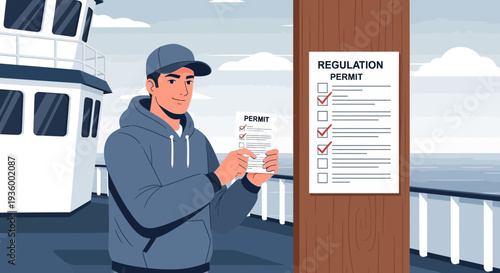 Man holding documents on a boat deck near regulations.