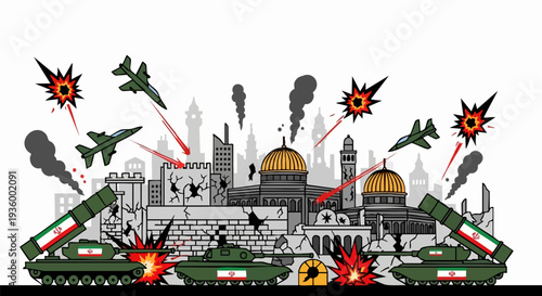 War conflict vector illustration with tanks, fighter jets, and explosions over a city skyline