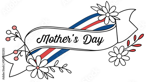Mothers day typography with white ribbon red blue stripes flowers