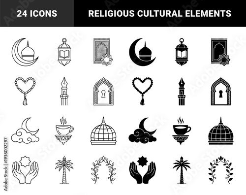 Islamic heritage symbol collection featuring unique hybrid metaphors combining crescent moons with mosque architecture and prayer beads with heart shapes