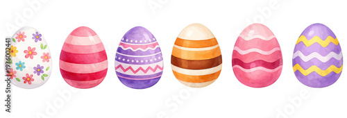 A charming watercolor collection of colorful easter eggs with decorative patterns for easter greeting cards and seasonal graphics.