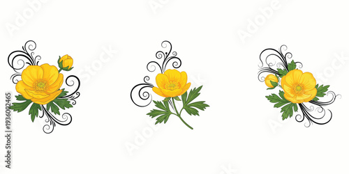 Three yellow flowers with green leaves and decorative swirls in an elegant arrangement