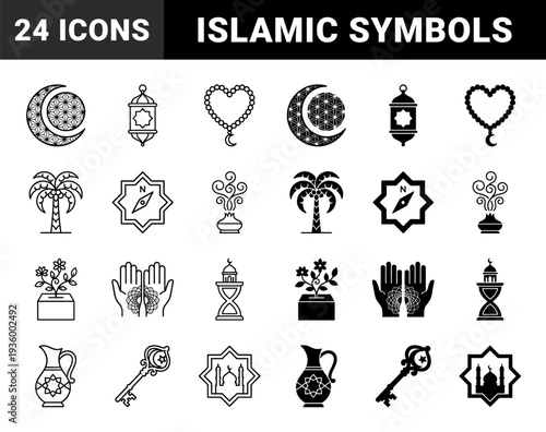 Islamic cultural heritage symbols featuring geometric crescent moon lantern and prayer bead motifs with hybrid linear and solid fill graphic styles