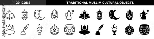 Islamic religious symbols featuring hybrid designs of quran with rising sun crescent moon with date fruit and mecca compass in outline and glyph styles
