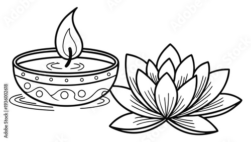 Black line of candle in bowl beside lotus flower line black and white vesak