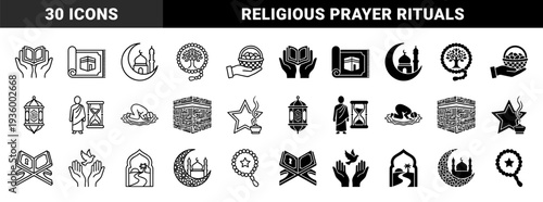 Islamic religious symbols featuring hybrid designs of quran prayer beads and mosque architecture in dual outline and solid silhouette styles