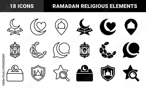 Islamic religious symbols merging crescent moon with quran lantern heart and location pin for ramadan kareem and eid mubarak celebration designs
