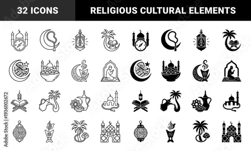 Monochrome Islamic religious symbols merging traditional crescents with prayer beads mosques and dates in dual outline and solid minimalist styles