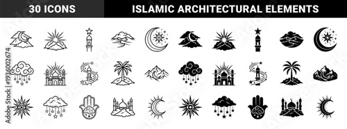 Islamic mystical hybrid symbols featuring moon crescent and star integration with desert landscape architecture and celestial cloud elements in dual outline solid style
