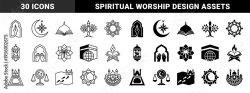 Islamic religious symbols merging traditional faith elements with modern conceptual metaphors featuring mosque architecture and spiritual guidance graphics
